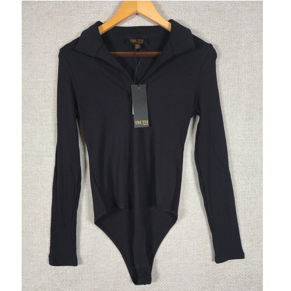 NWT TRUTH BY REPUBLIC‎ Black Ribbed Collared Long Sleeve Bodysuit Size M